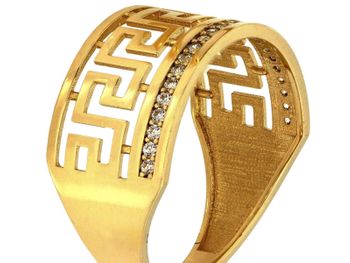 Elegancki pierścionek damski z żółtego złota próby 375, wysadzany cyrkoniami, z motywem greckim. Okazały, błyszczący pierścionek z kolekcji Ornament – idealny na prezent.4.jpg